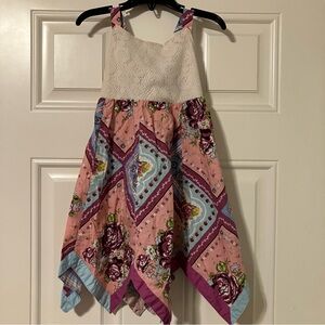 Blueberi Boulevard Girls Handkerchief Dress Cream Lace with Pink & Blue Floral 4